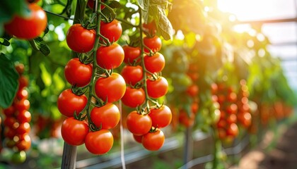 Ripe tomatoes hanging from vines in a greenhouse