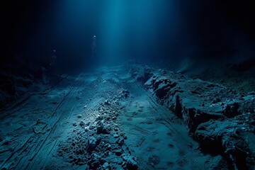 Same location after mining operation: deep furrows in the sediment, nodules removed, fine particle clouds still suspended in water, mechanical track marks visible, lifeless appearance