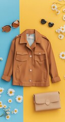 A charming brown short jacket showcased on a vibrant animated background featuring daisies and trendy sunglasses, complemented by a fashionable stylish bag.