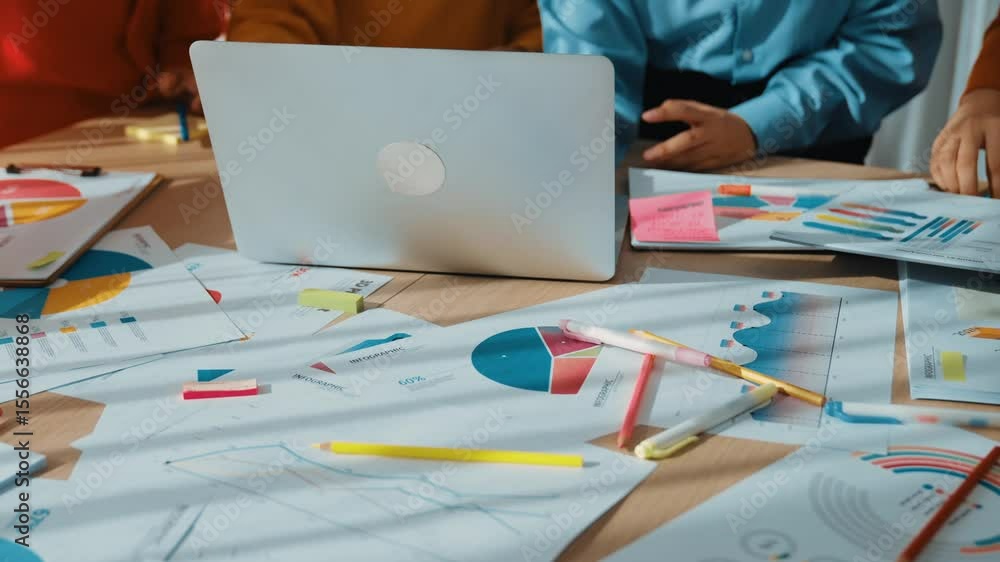 Poster startup company employee working together using laptop analyzing bi dashboard paper on financial dat