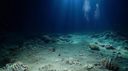 Wide-angle view of an intact abyssal plain, metallic nodules naturally spread, tiny sea cucumbers crawling slowly, undisturbed quietness, dark blue depth with