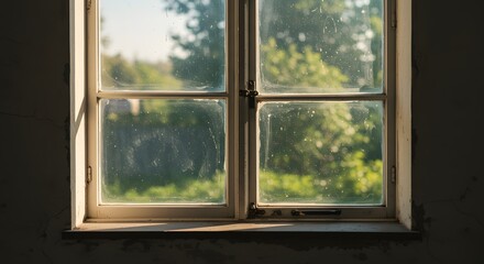 Vintage window pane with dusty glass and soft shadows of tree leaves passing across during sunset