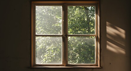 Vintage window pane with dusty glass and soft shadows of tree leaves passing across during sunset