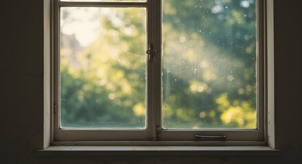 Fototapeta premium Vintage window pane with dusty glass and soft shadows of tree leaves passing across during sunset