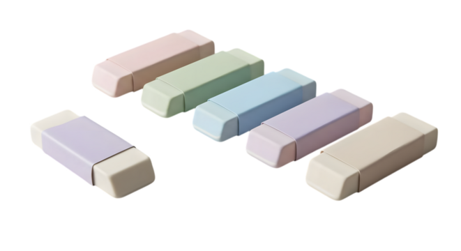 Collection of pastel erasers on a transparent background showcasing various soft colors and eraser design elements for educational or creative themes.