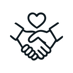 Simple line drawing depicting two hands shaking, with heart symbol above.