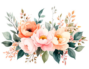 Elegant Watercolor Floral Bouquet Peach, Pink, and White Blooms, watercolor flowers, vector watercolor flowers, Beautiful vintage flower, Watercolor flower collection