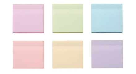 Pastel sticky notes arranged on a transparent background, perfect for reminders, notes, organization and creative projects with assorted light colors.