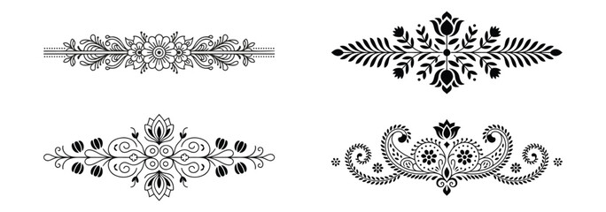 Four ornate floral decorative borders and dividers isolated on white background