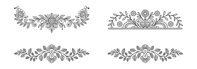 Four decorative floral borders with swirls and leaves isolated on white background