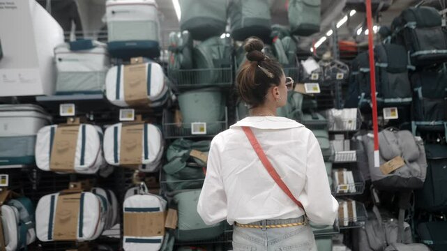 A Young Woman is Shopping for Stylish and Trendy Backpacks in a Local Store Environment
