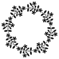 Round floral frame or border. Wreath of blooming branches. Black and white silhouette.