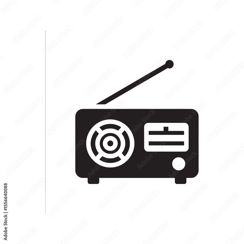 Poster solid glyph vector icon of a vintage portable radio for communication and broadcasting representing 