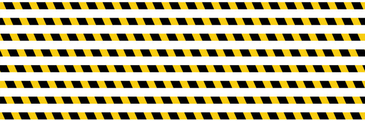 Warning tape with yellow and black diagonal stripes. Warn stop seamless line, vector illustration