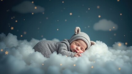 Peaceful infant sleeping on fluffy white clouds wearing grey knit sweater and animal ear hat against starry navy blue night sky with soft dreamy lighting