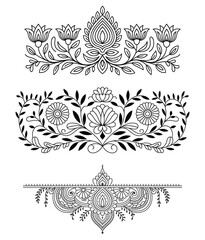 Collection of three ornamental floral borders and henna designs isolated on white background
