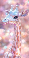 A detailed close-up of a miniature giraffe crafted from shimmering glitter paint, drifting inside a series of enchanting, magical bubbles on a tranquil water surface.