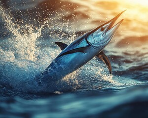 Fototapeta premium Marlin breaching the surface of the water during a deepsea fishing trip, dramatic splash, and sunlight