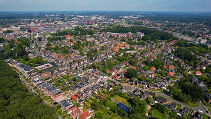 Aerial panorama view of the city Assen in the Netherlands on a sunny morning in summer