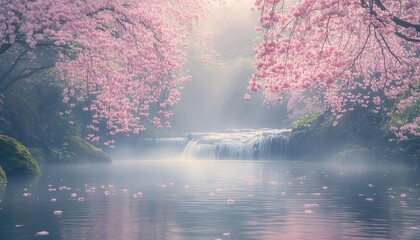 Recreational fishing in a Japanese river, tranquil flow, and surrounding cherry blossoms, soft pastel tones