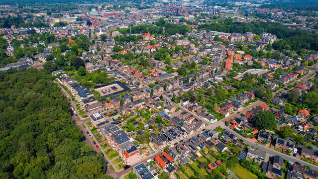 Aerial panorama view of the city Assen in the Netherlands on a sunny morning in summer