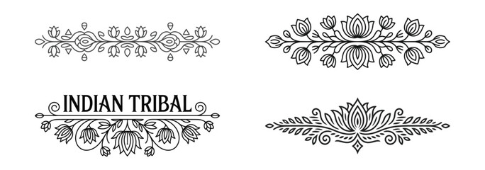 Collection of indian tribal floral ornaments and borders isolated on white background