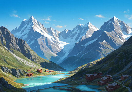 Serene Mountain Valley with Turquoise Lake and Quaint Wooden Cabins