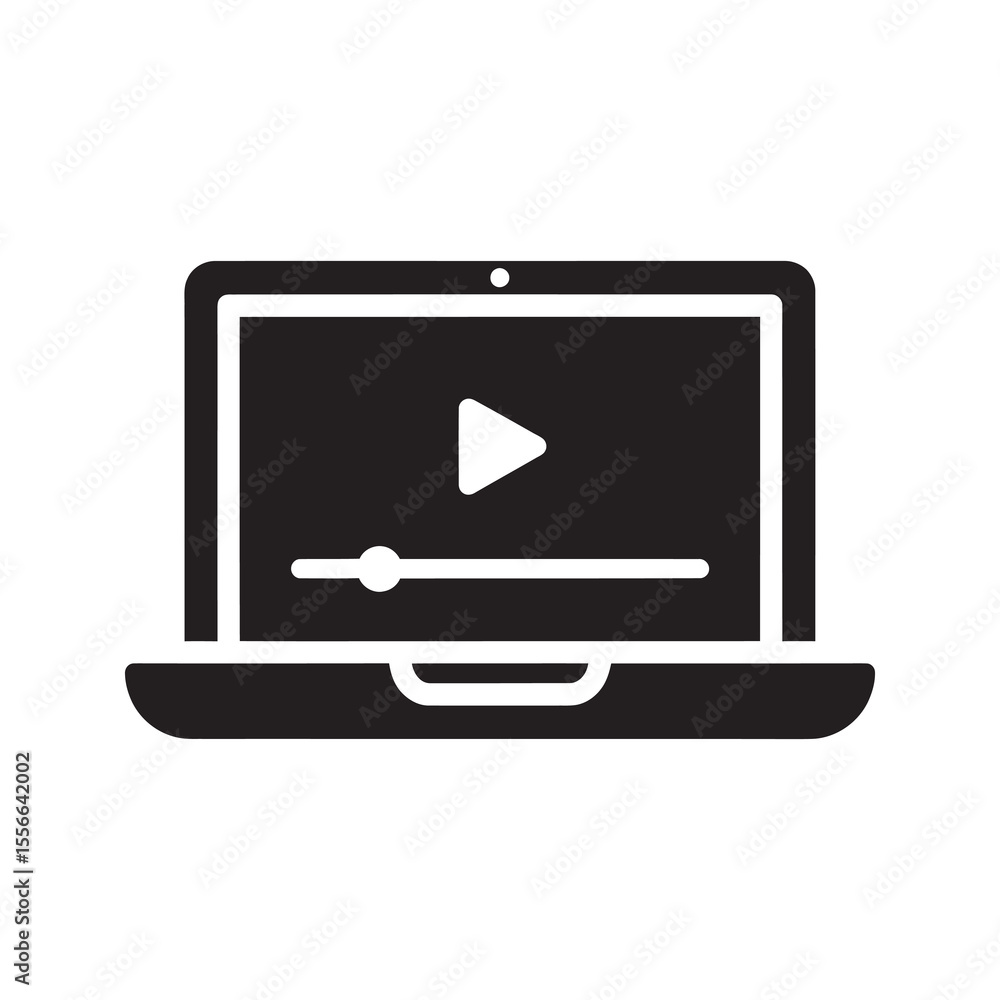 Poster solid glyph vector icon of a laptop computer with a video player on screen representing online movie