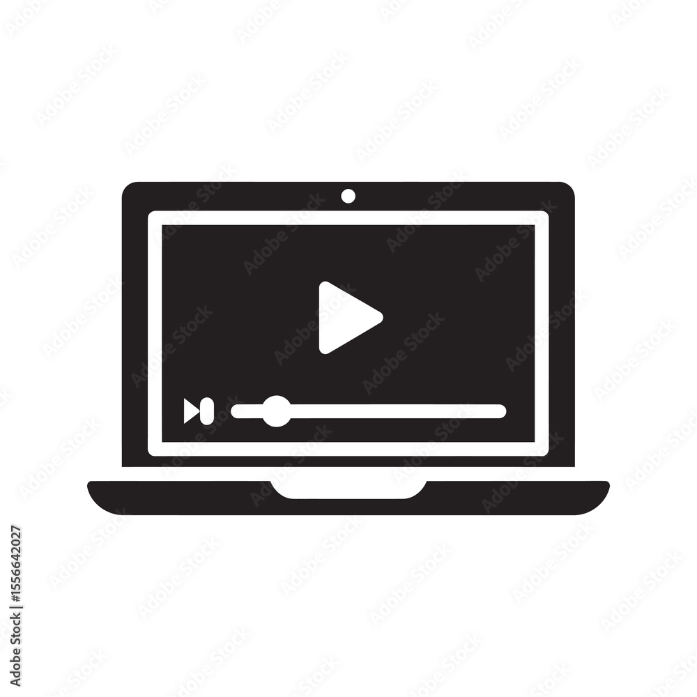 Poster solid glyph vector icon of a laptop computer with a video player on screen representing online movie