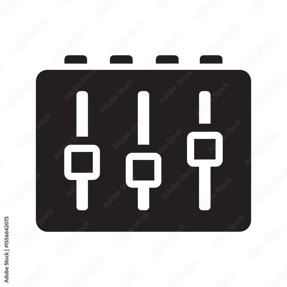 Poster solid glyph vector icon of a sound mixer control panel with sliders representing an audio equalizer 