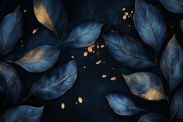 Elegant blue leaves with golden accents on dark background creating luxurious, artistic, and sophisticated mood