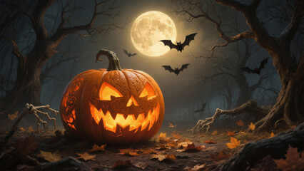 A hauntingly Halloween scene set under a full, radiant moon that casts a warm, golden glow over the landscape. Halloween, Halloween Costumes, Halloween Background, Happy Halloween