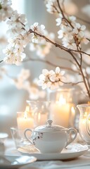 Close-up of a porcelain teapot on a decorated table with cherry blossoms