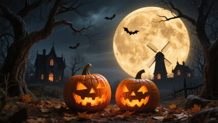A hauntingly Halloween scene set under a full, radiant moon that casts a warm, golden glow over the landscape. Halloween, Halloween Costumes, Halloween Background, Happy Halloween