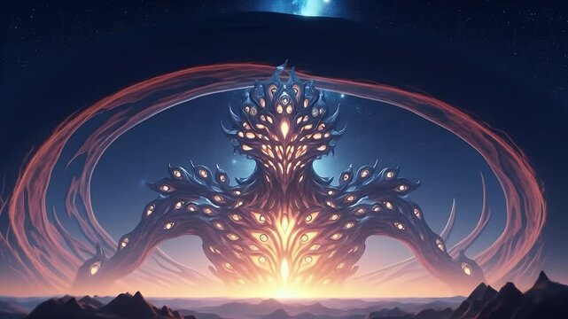 Cosmic Multi-Eyed Entity Manifesting with Radiant Light and Ethereal Aura at Dawn