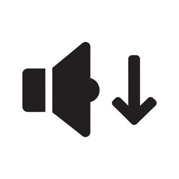Solid glyph vector icon of a speaker with a down arrow representing volume decrease and low audio sound control for a media player