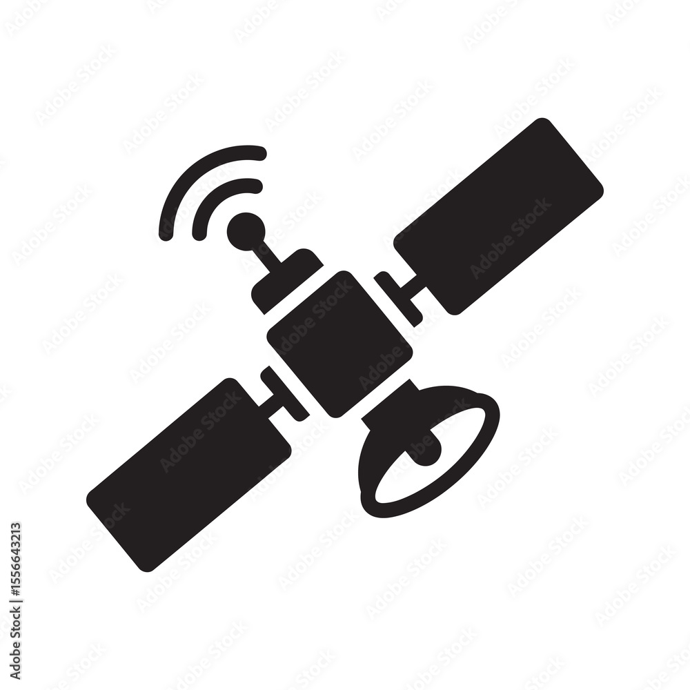 Poster solid glyph vector icon of a communication satellite in orbit for global broadcast representing spac