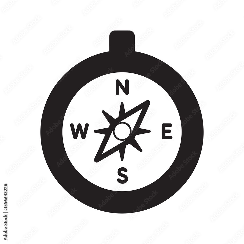 Poster solid glyph vector icon of a magnetic compass for navigation and direction finding representing outd