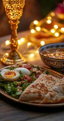 A closeup of an iftar table with bread, eggs, and salad placed in the middle, illuminated by golden light.