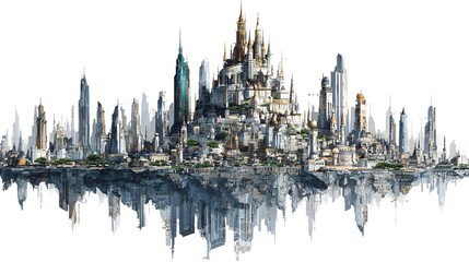 Futuristic 3D city built on a map of the USA new York, set against a white backgrou. Symbolizes innovation and urban development in Korea.ideal for tech, infrastructure, and future-themed visuals