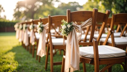 Fototapeta premium Rows of wooden chairs adorned with light beige ribbons and floral arrangements