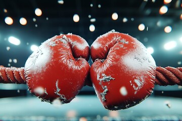 Two worn red boxing gloves collide in a dramatic punch impact inside a boxing ring under bright arena lights, sports action concept