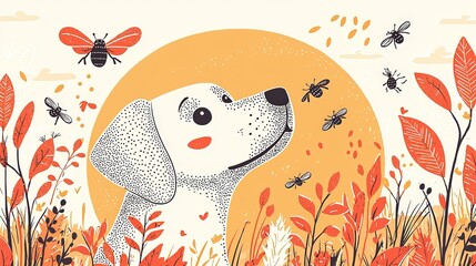 Cute cartoon dog in autumn meadow with bees and insects, warm sunset nature scene, whimsical animal illustration for kids design and seasonal concept