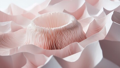 A detailed closeup of a delicate pink and white paper sculpture, crafted to resemble a majestic, towering mountain, showcasing fine folds and artistic texture.