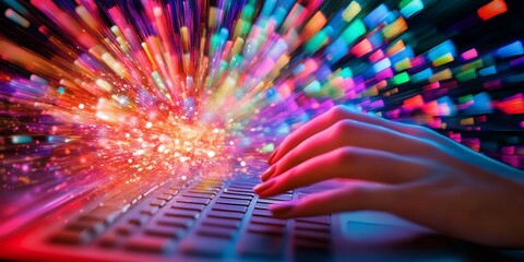 A close-up view of a hand extending toward a digital screen, with motion blur and vibrant streaks of color symbolizing speed, energy, and futuristic dynamism.