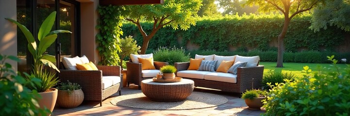 Relaxing patio scene with comfortable wicker furniture, inviting cushions, and lush greenery providing shade Perfect for summer evenings and outdoor entertaining , summer, cushions, backyard