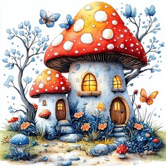 Whimsical fantasy mushroom houses with glowing windows surrounded by flowers, butterflies and trees, fairytale woodland illustration for kids design