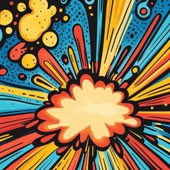 Retro pop art comic style explosion with colorful rays and dots, dynamic abstract blast illustration for cartoon effect and creative design concept