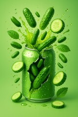 Creative green soda can bursting with fresh cucumbers, slices and leaves, healthy organic refreshment concept illustration on vibrant green background
