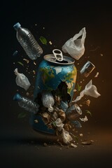 Conceptual illustration of Earth depicted as soda can overflowing with plastic waste, bottles and bags symbolizing global pollution and environmental crisis